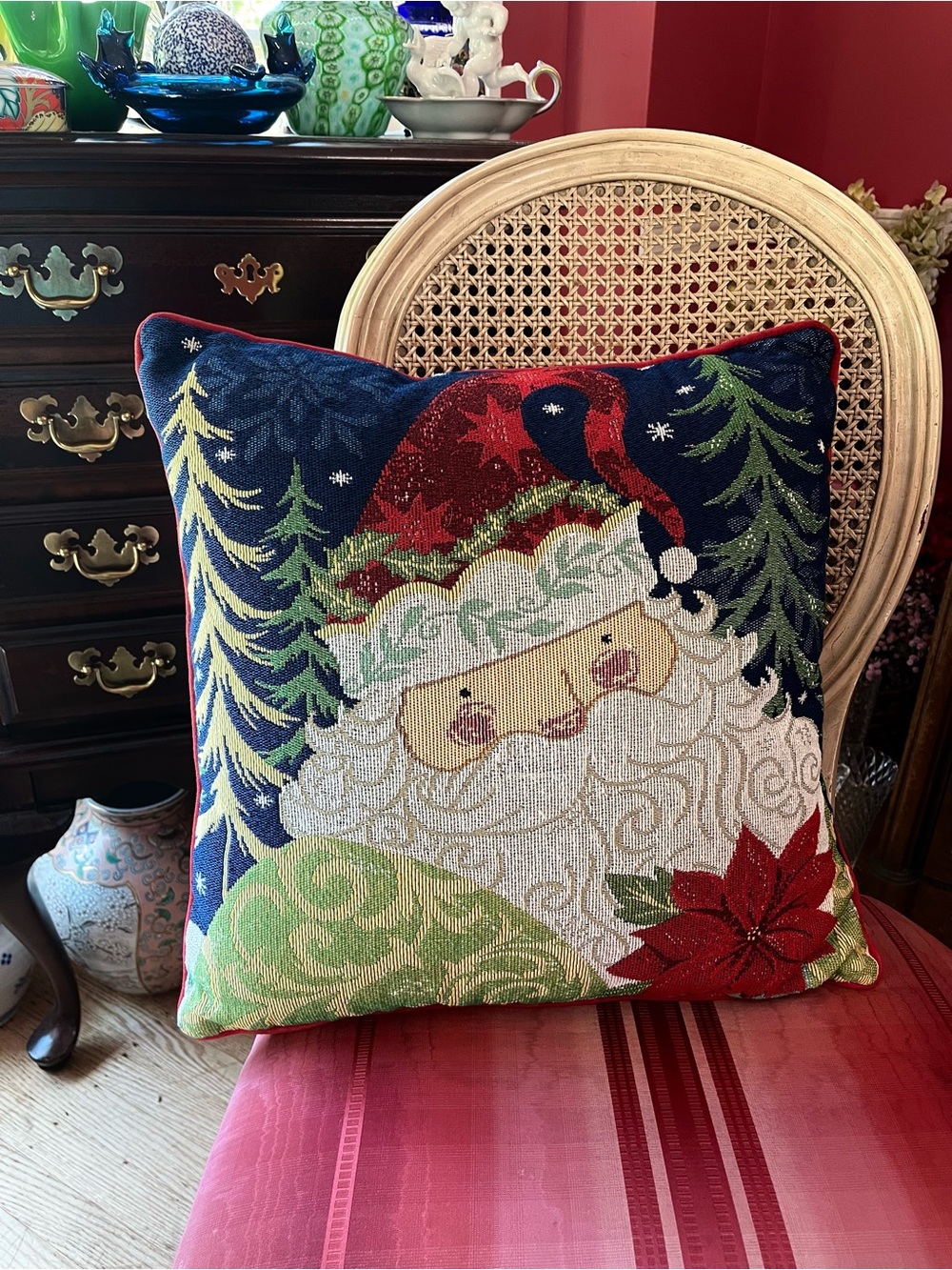 Vintage Pier 1 Imports Woven Tapestry Santa Claus Christmas Throw Pillow
